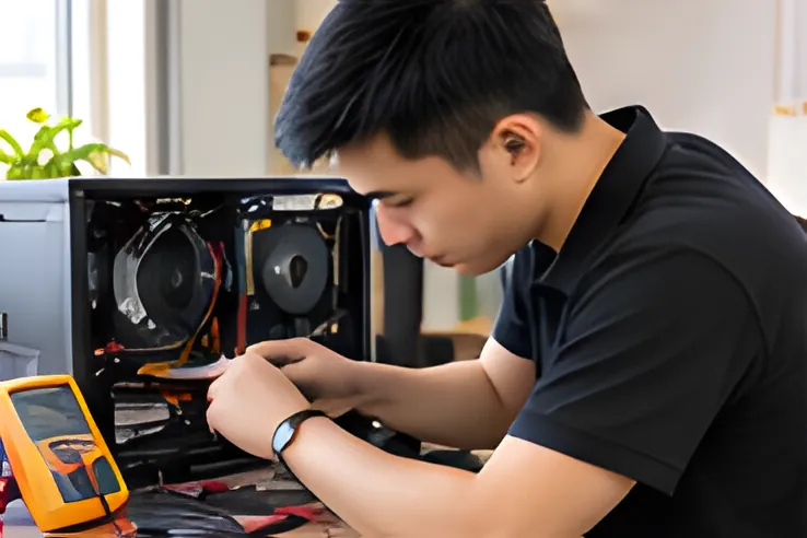 Kỹ thuật viên kiểm tra máy tính để bàn bằng đồng hồ đo