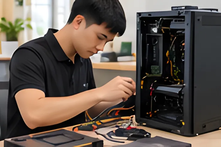 Kỹ thuật viên kiểm tra thùng máy tính để bàn khi bảo trì