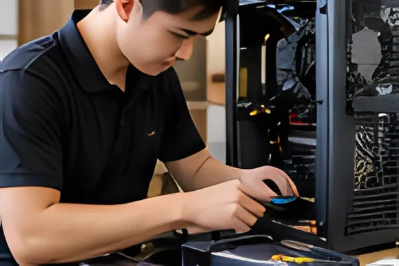 Kỹ thuật viên làm việc bên thùng máy tính để bàn