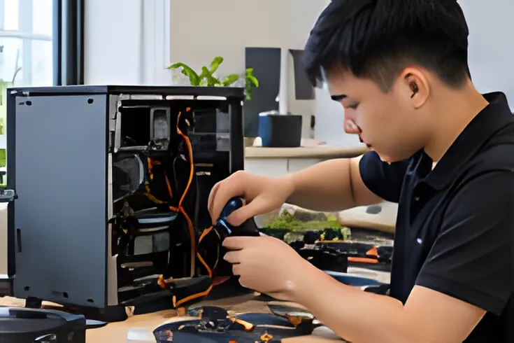 Kỹ thuật viên kiểm tra máy tính để bàn tại bàn làm việc