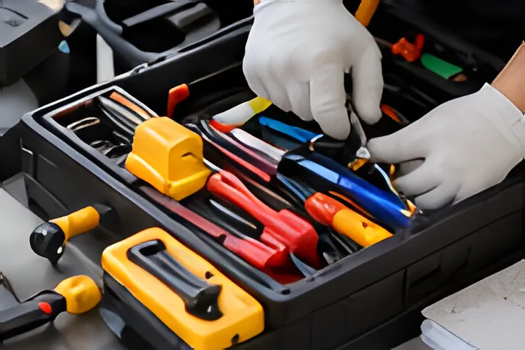 Hộp dụng cụ kỹ thuật với tua vít và kìm, tay đeo găng