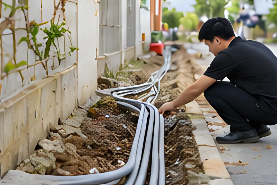 Kỹ thuật viên đặt ống luồn cáp dưới rãnh đất ngoài trời