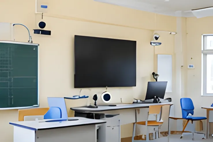 Phòng học có camera bán cầu gắn trần và màn hình lớn