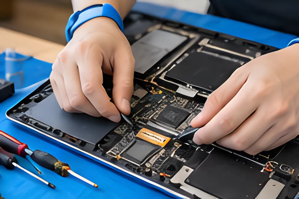 Kỹ thuật viên tháo kiểm tra bên trong laptop trên thảm chống tĩnh điện