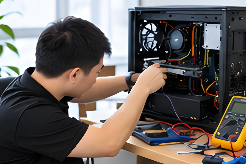 Kỹ thuật viên dùng đồng hồ đo kiểm tra máy tính để bàn