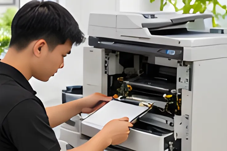 Kỹ thuật viên lấy giấy trong máy in văn phòng