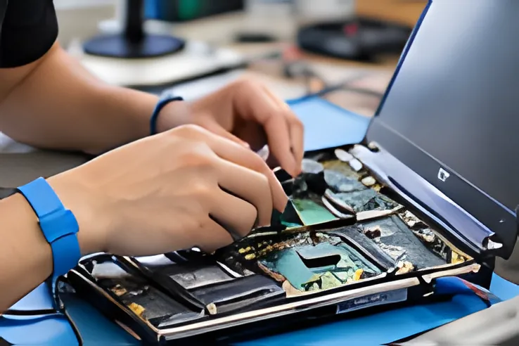 Tay kỹ thuật viên tháo lắp linh kiện bên trong laptop