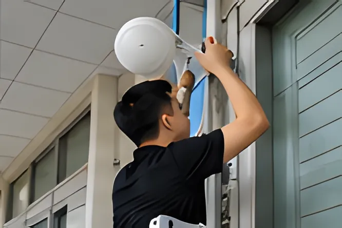Kỹ thuật viên lắp bộ phát Wi-Fi trên trần hành lang