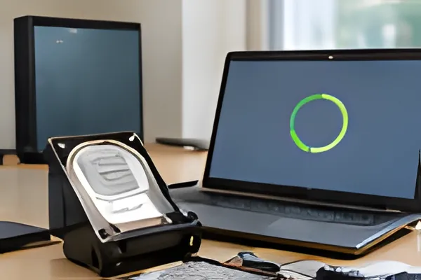 Ổ cứng và laptop hiển thị vòng tiến trình sao lưu