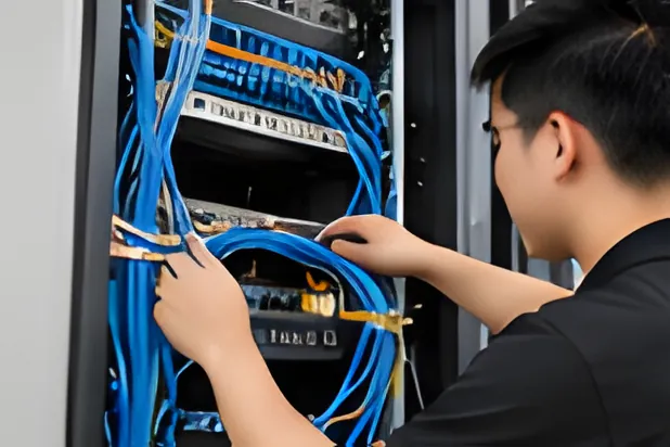 Kỹ thuật viên đấu nối cáp mạng trong tủ rack