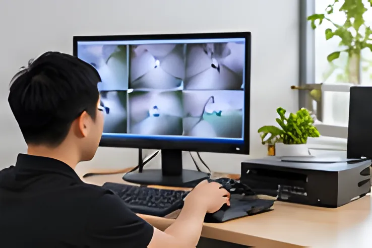 Kỹ thuật viên xem màn hình hiển thị hình ảnh từ nhiều camera