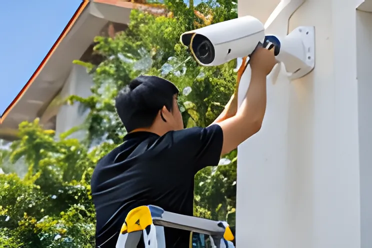 Kỹ thuật viên kiểm tra camera ngoài trời gắn trên tường