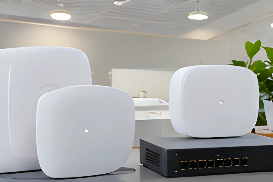 Các bộ phát Wi-Fi mesh và switch đặt trong văn phòng