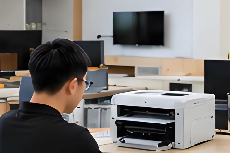 Kỹ thuật viên làm việc với máy tính và máy in trong văn phòng