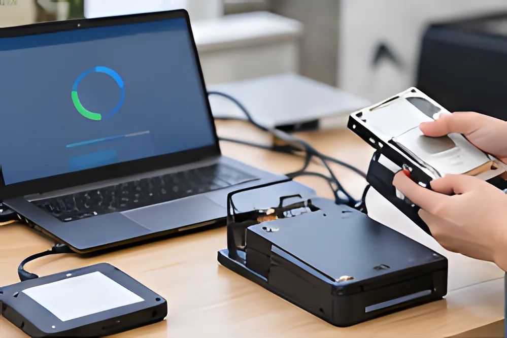 Ổ cứng nối với laptop qua hộp đọc ổ để kiểm tra và sao chép dữ liệu