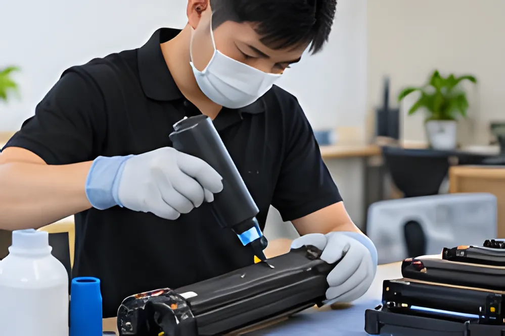 Kỹ thuật viên đeo khẩu trang, găng tay nạp mực cho hộp mực máy in