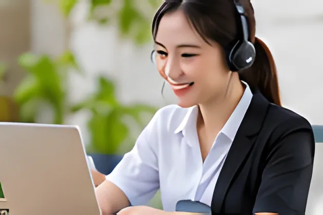 Nhân viên văn phòng đeo tai nghe làm việc trên máy tính xách tay