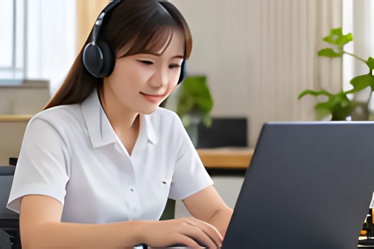 Nhân viên hỗ trợ đeo tai nghe làm việc với máy tính xách tay