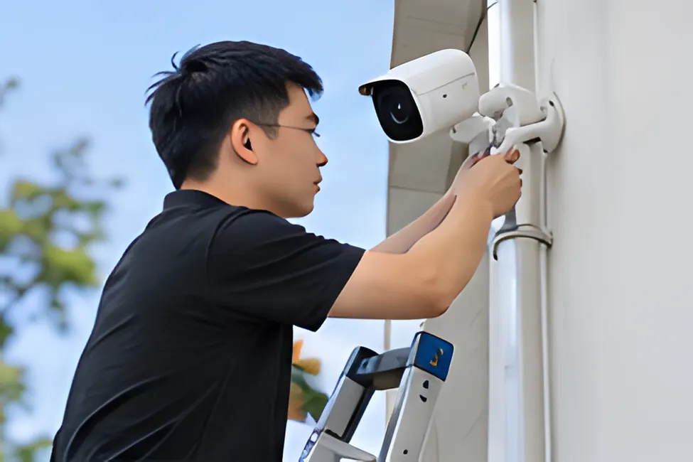 Kỹ thuật viên đứng trên thang lắp camera giám sát lên tường