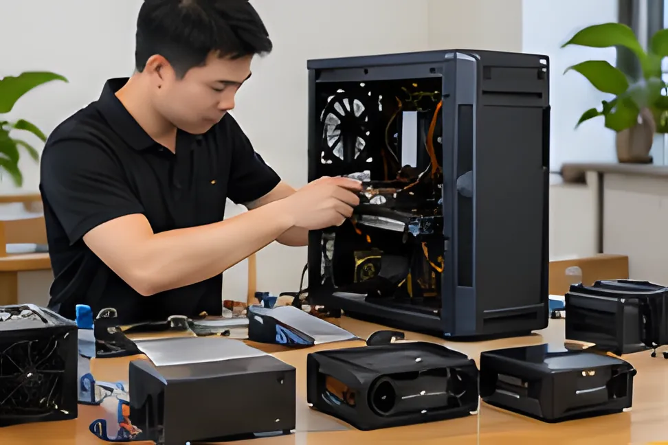 Kỹ thuật viên lắp ráp máy tính để bàn, linh kiện bày trên bàn