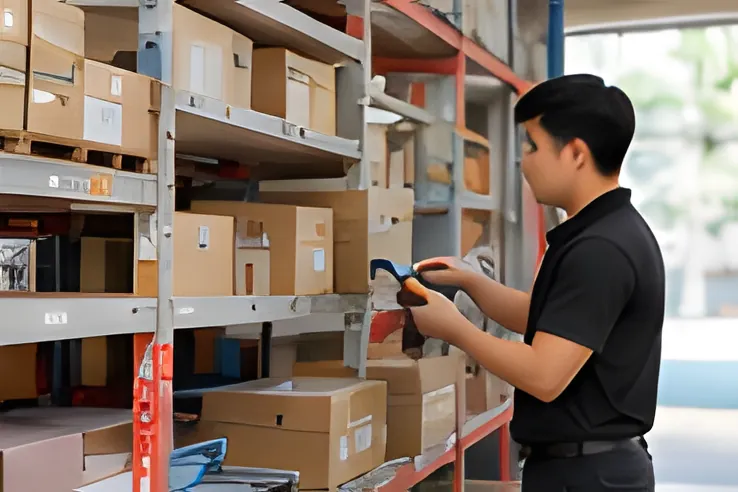Nhân viên kiểm hàng hóa trên kệ trong kho để quản lý tồn kho