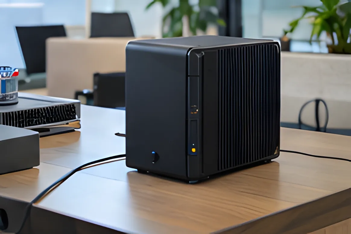 Thiết bị lưu trữ NAS đặt trên bàn làm việc trong văn phòng
