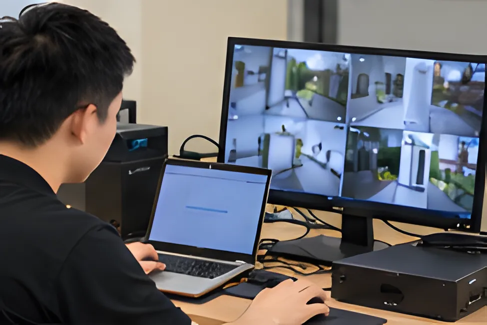 Kỹ thuật viên kiểm tra đầu ghi và màn hình hiển thị nhiều camera