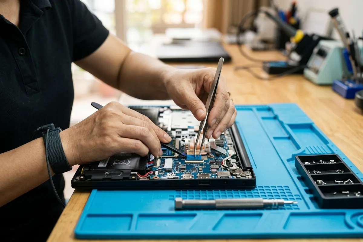 Bàn tay đeo vòng chống tĩnh điện tháo cáp bên trong laptop đặt trên thảm cách điện