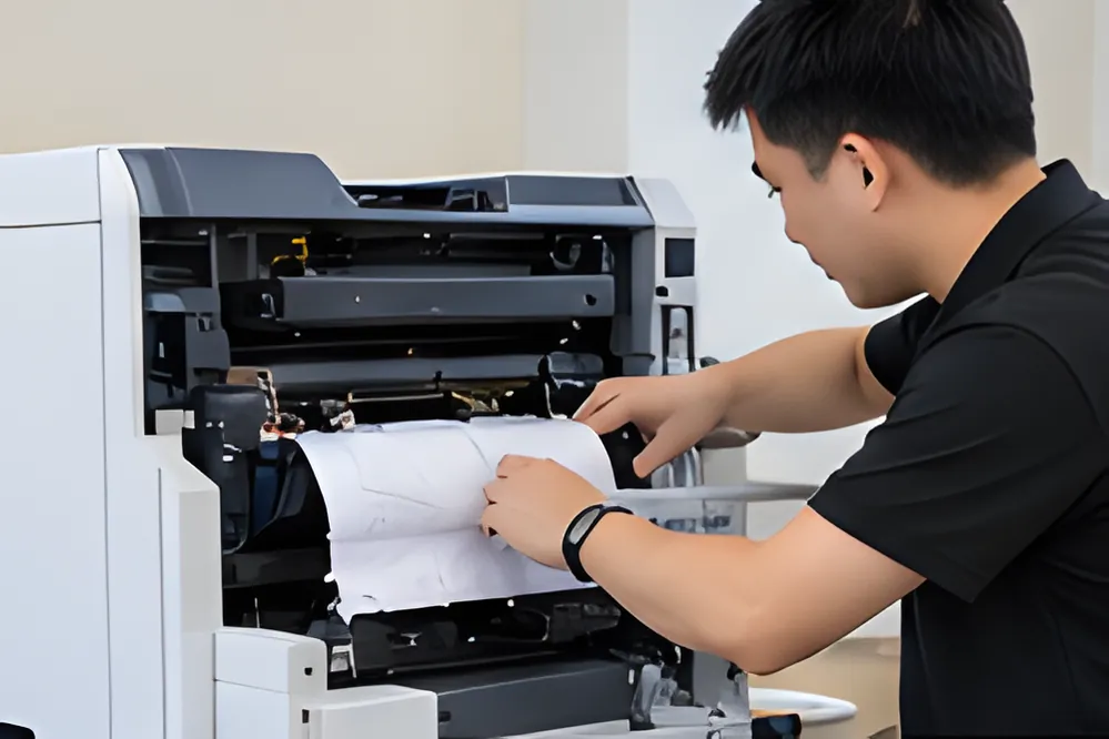 Kỹ thuật viên lấy tờ giấy bị kẹt trong máy in văn phòng