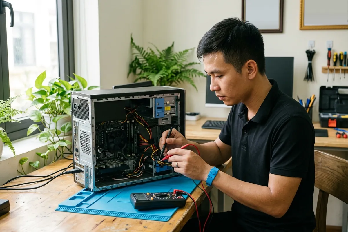 Kỹ thuật viên dùng đồng hồ vạn năng kiểm tra nguồn trong thùng máy tính để bàn đã mở nắp