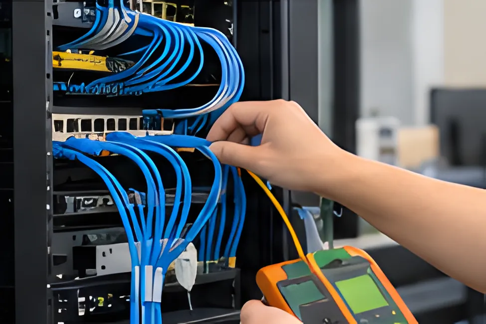 Kỹ thuật viên dùng máy đo kiểm tra dây cáp mạng trong tủ rack