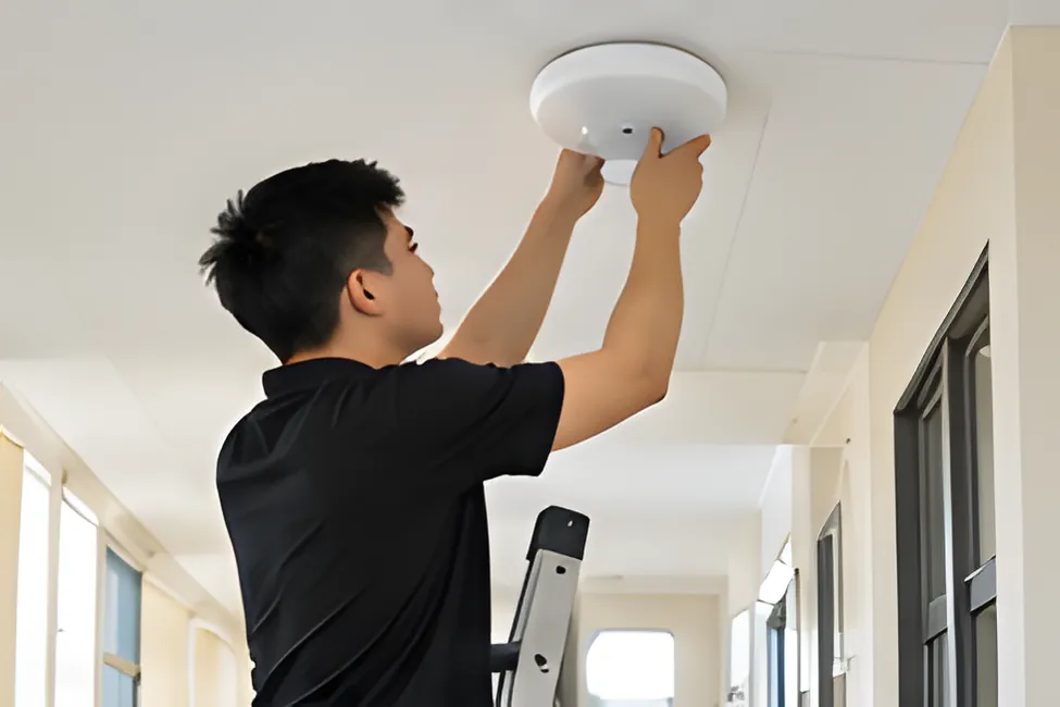Kỹ thuật viên lắp bộ phát Wi-Fi gắn trần ở hành lang