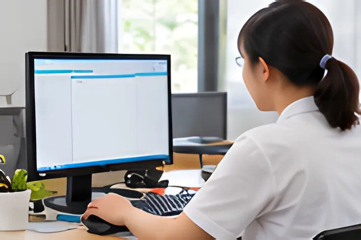 Nhân viên làm việc với giao diện trang web trên màn hình máy tính