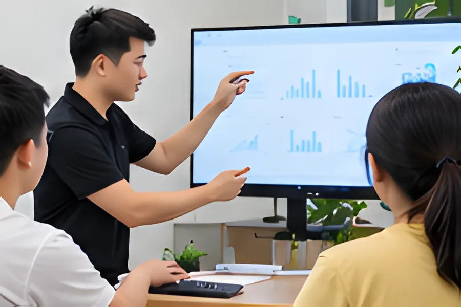 Tư vấn viên trình bày biểu đồ trên màn hình lớn cho khách hàng