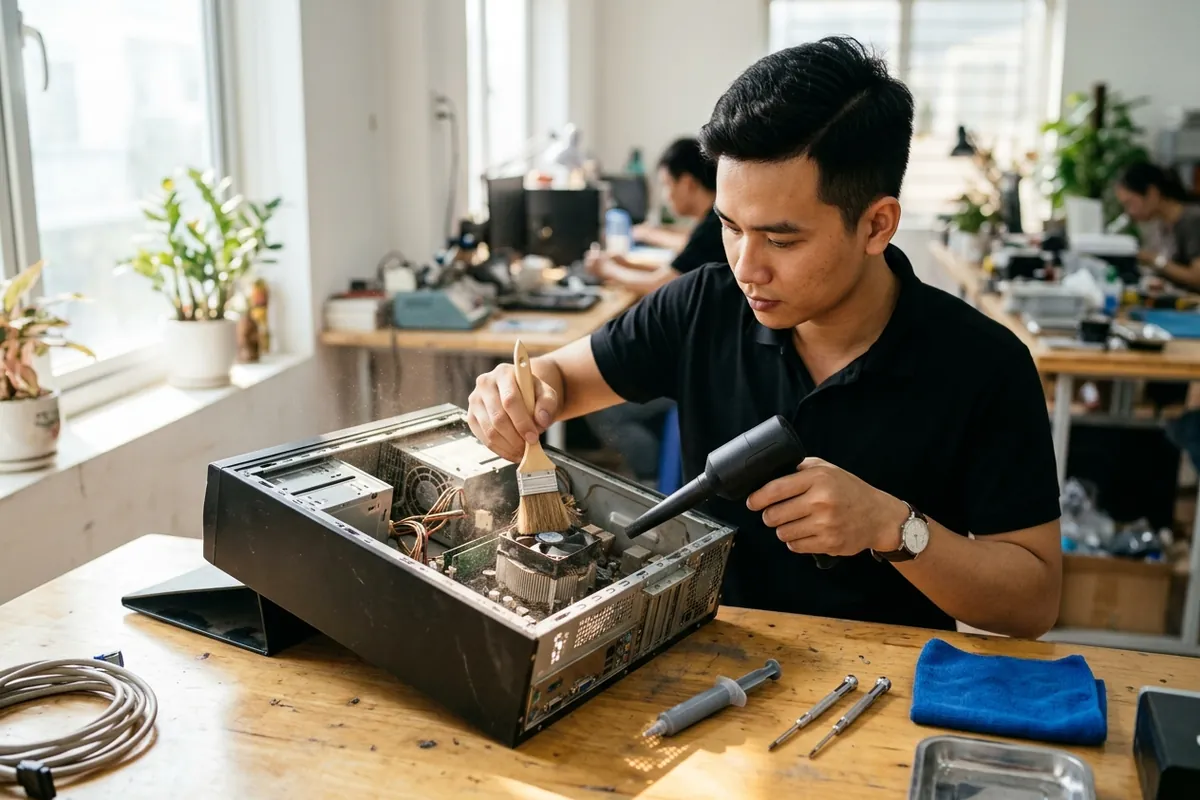 Kỹ thuật viên dùng chổi và máy thổi bụi vệ sinh quạt tản nhiệt máy tính để bàn