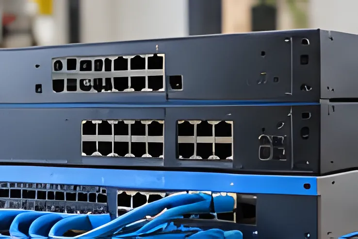 Các switch mạng xếp chồng với dây cáp mạng màu xanh