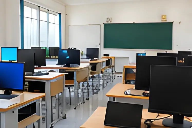 Phòng máy tính trường học với nhiều máy tính để bàn và bảng xanh