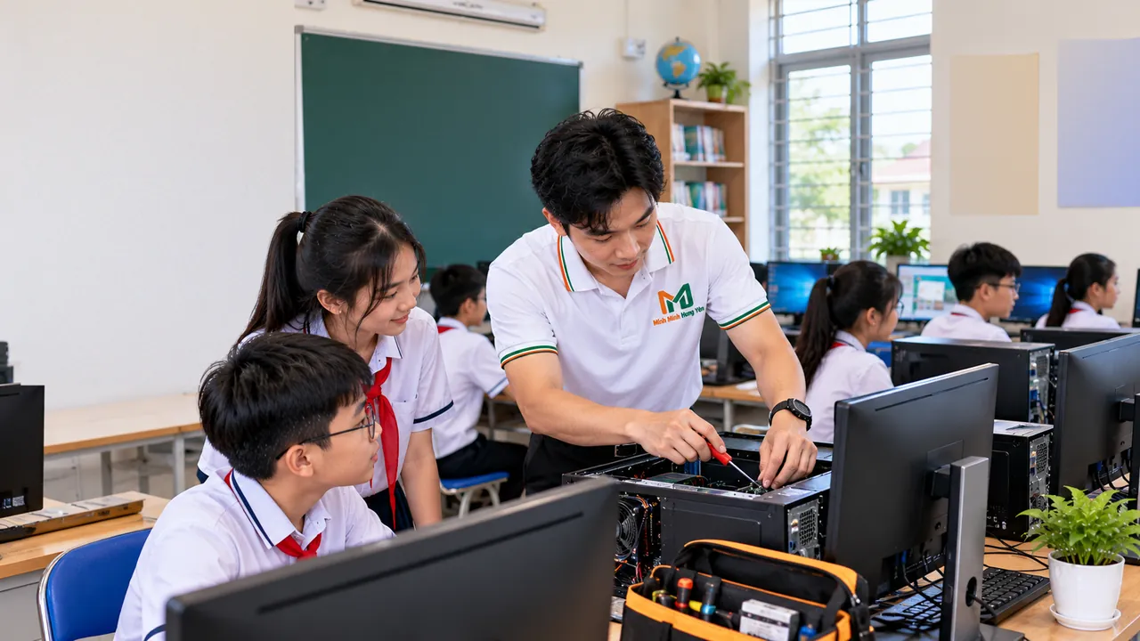 Kỹ thuật viên áo polo trắng kiểm tra bên trong máy tính để bàn trong phòng tin học, học sinh đứng quan sát