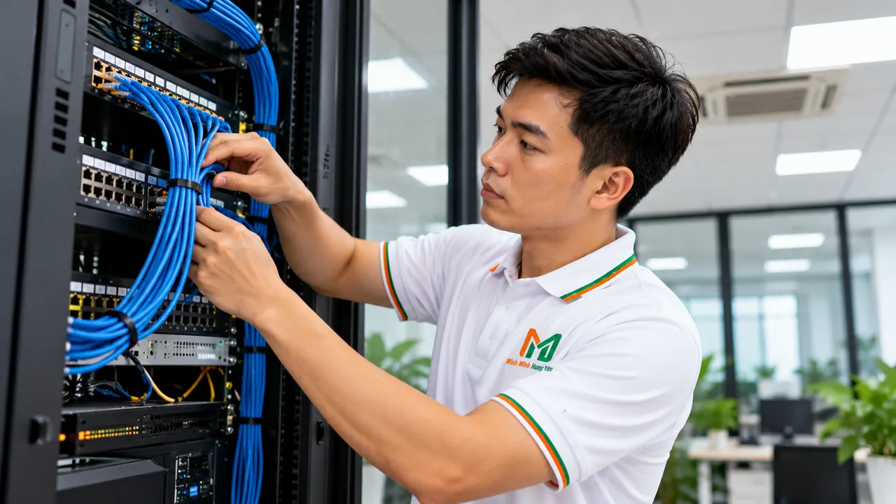 Kỹ thuật viên áo polo trắng sắp xếp bó dây mạng trong tủ rack có switch và patch panel