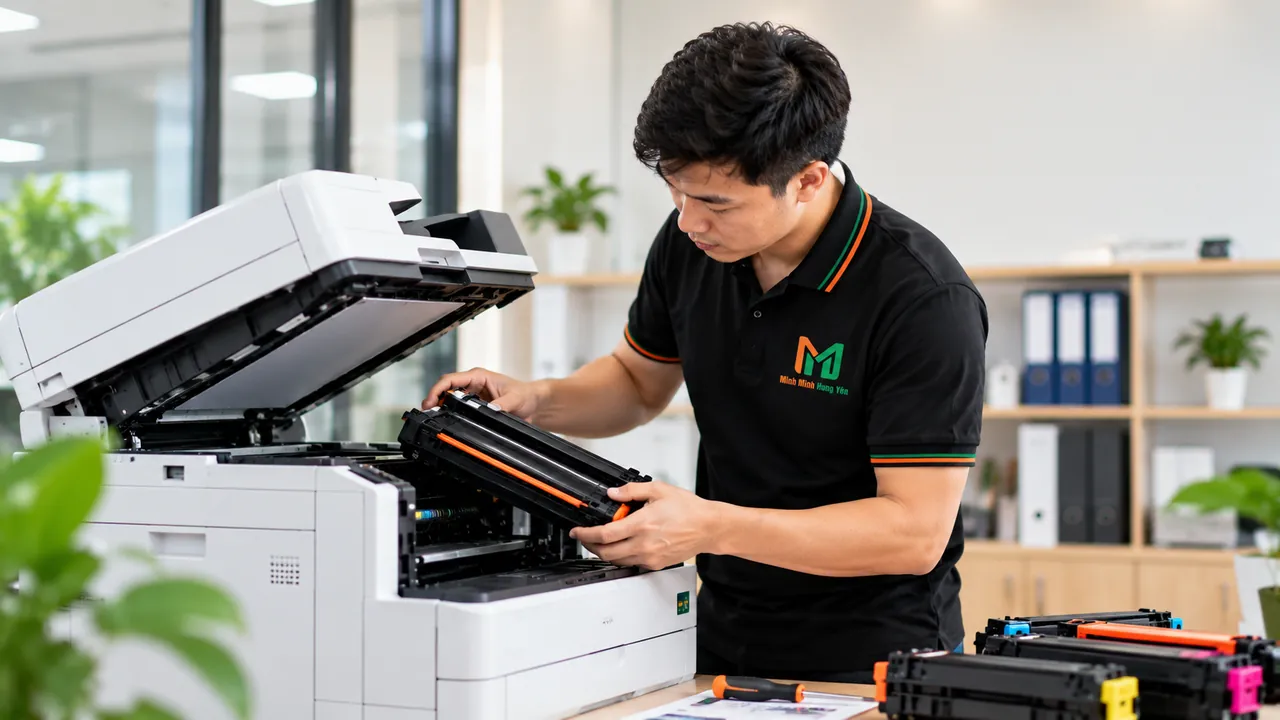 Kỹ thuật viên tháo hộp mực ra khỏi máy in đa năng để vệ sinh, trên bàn có các hộp mực màu