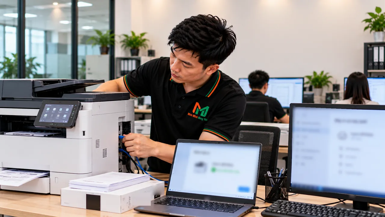 Kỹ thuật viên kết nối dây cho máy in đa năng, laptop bên cạnh hiển thị cài đặt máy in thành công
