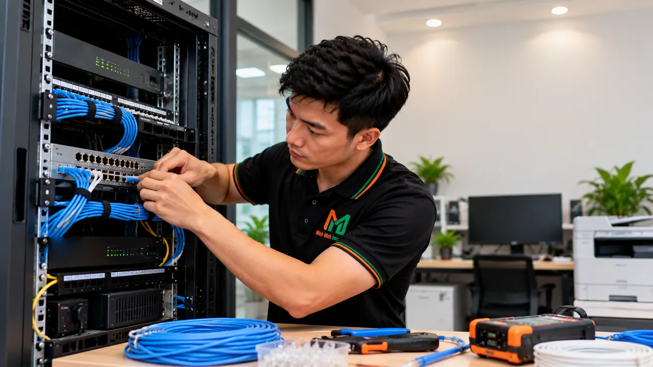 Kỹ thuật viên đấu dây mạng vào patch panel trong tủ rack, trên bàn có cuộn cáp và máy test cáp