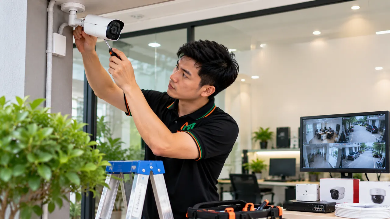 Kỹ thuật viên áo polo đen đứng trên thang chỉnh camera thân trụ gắn tường trước cửa kính văn phòng