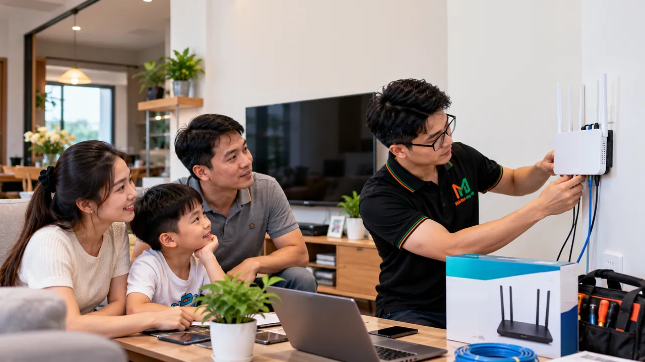 Kỹ thuật viên áo polo đen đấu dây router Wi-Fi gắn tường phòng khách, gia đình ba người ngồi theo dõi