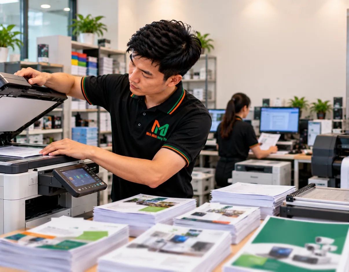 Nhân viên áo polo đen thao tác máy photocopy, trên bàn là các chồng tờ rơi và ấn phẩm vừa in