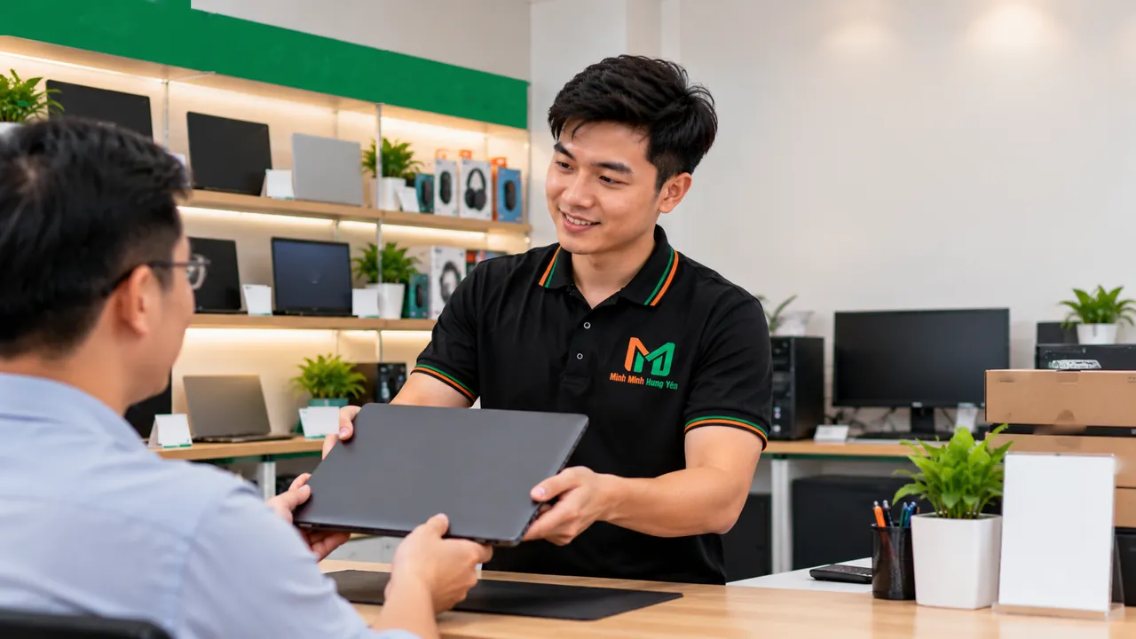 Nhân viên áo polo đen trao chiếc laptop cho khách hàng qua bàn, phía sau là kệ trưng bày thiết bị