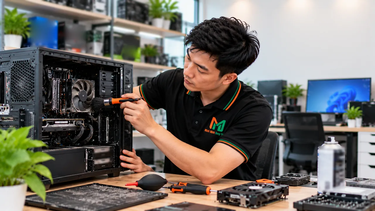 Kỹ thuật viên áo polo đen dùng chổi làm sạch quạt tản nhiệt CPU bên trong thùng máy tính