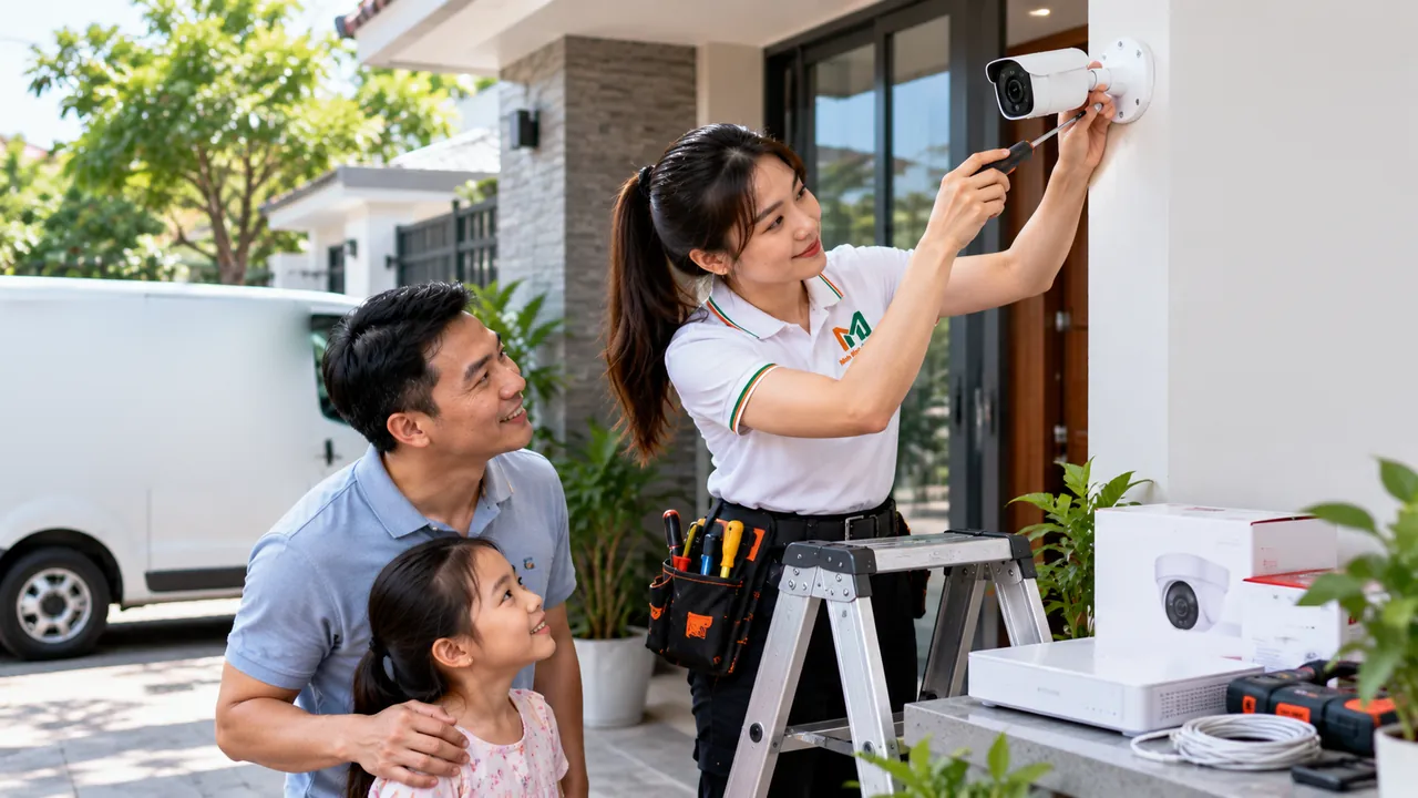 Nữ kỹ thuật viên áo polo trắng lắp camera thân trụ trên tường trước nhà, hai cha con đứng xem