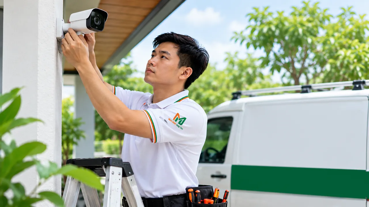 Kỹ thuật viên áo polo trắng đứng trên thang lắp camera thân trụ lên cột dưới mái hiên ngoài trời