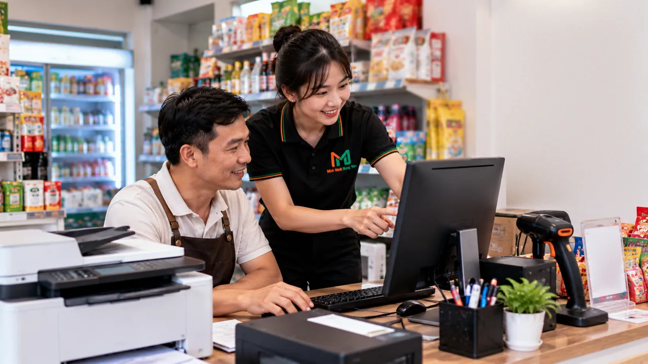 Nhân viên áo polo đen hướng dẫn chủ cửa hàng tạp hóa dùng máy tính bán hàng tại quầy thu ngân